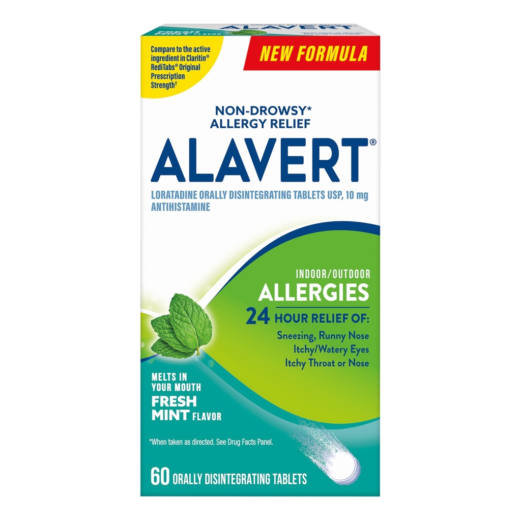 Alavert Allergia 24 tunnin helpotus, tuore minttumaku, suun kautta hajoavat allergiat tabletit, ei-huokoinen antihistamiini, Loratadine 10 mg, 60
