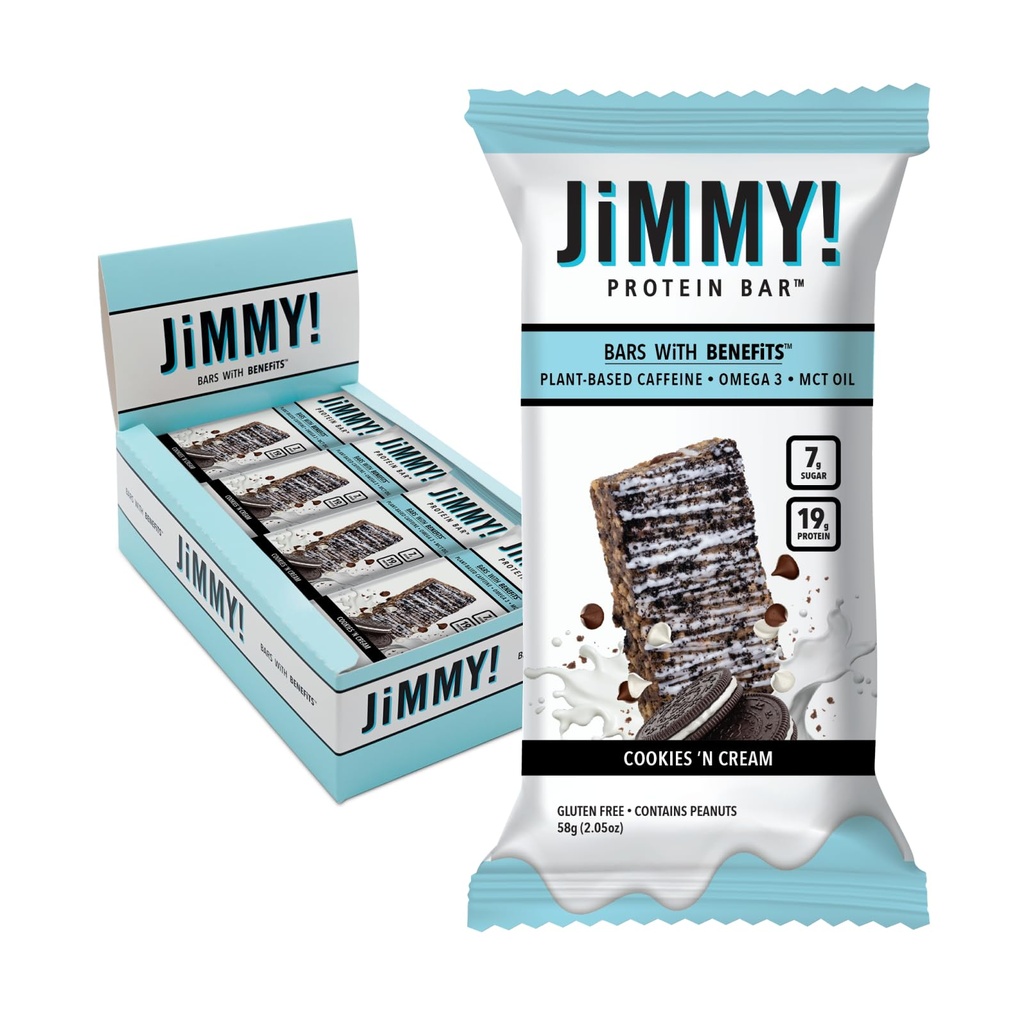 JiMMYBAR! - Cookies N Cream Protein Bars 19g Protein Bar - 7g Low Sugar - 12 greve - 58g Health Bars - Funktionell Snack med riktiga livsmedelsingredienser - Hand-Drizzled Chocolate - Tillverkad med riktiga jordnötter