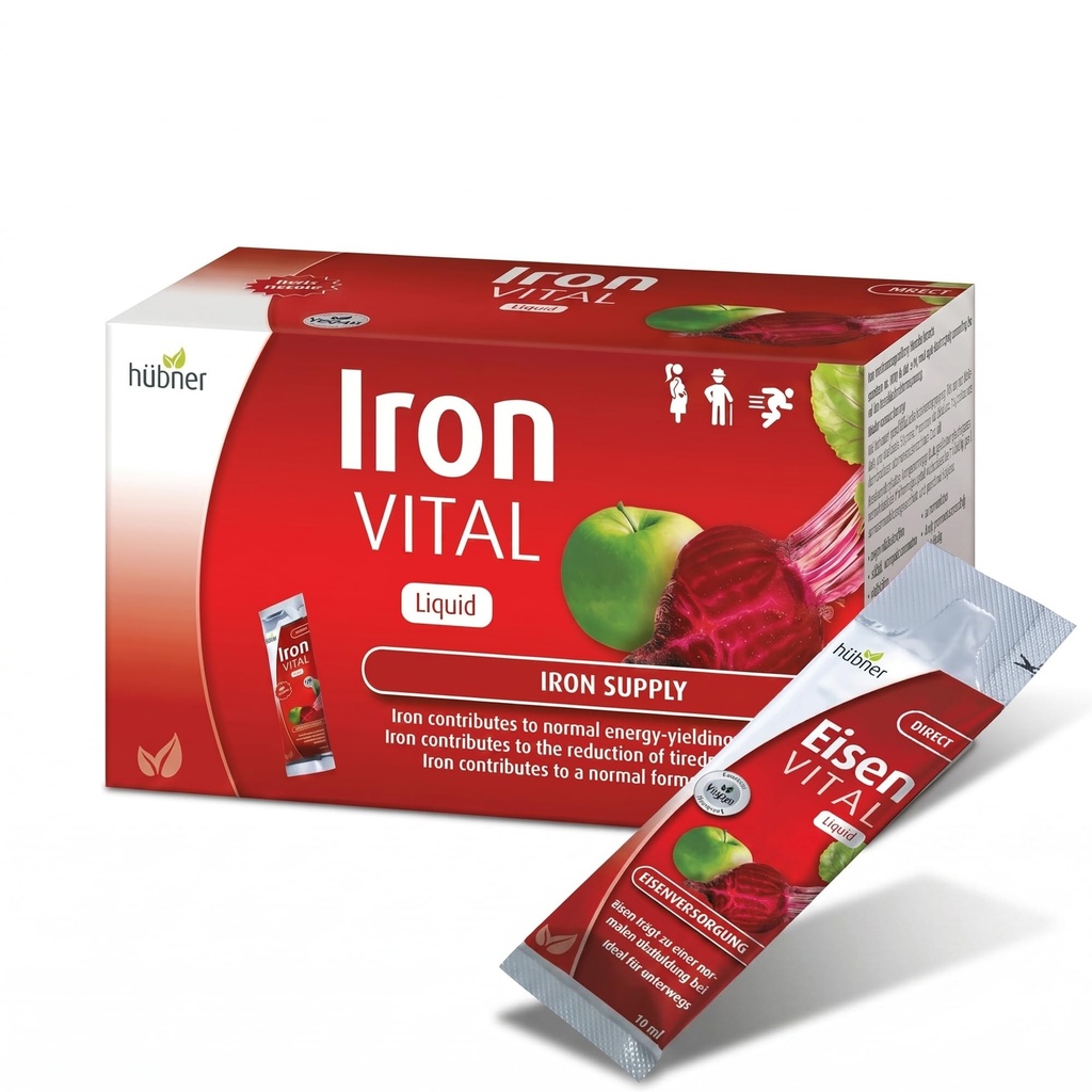 Hübner Iron Vital Liquid Iron Supply Plus C-vitamiini, ravintolisä aikuisille ja lapsille, Vegaani ja gluteeniton, hedelmäinen, 20 pakkaukset, 10 ml