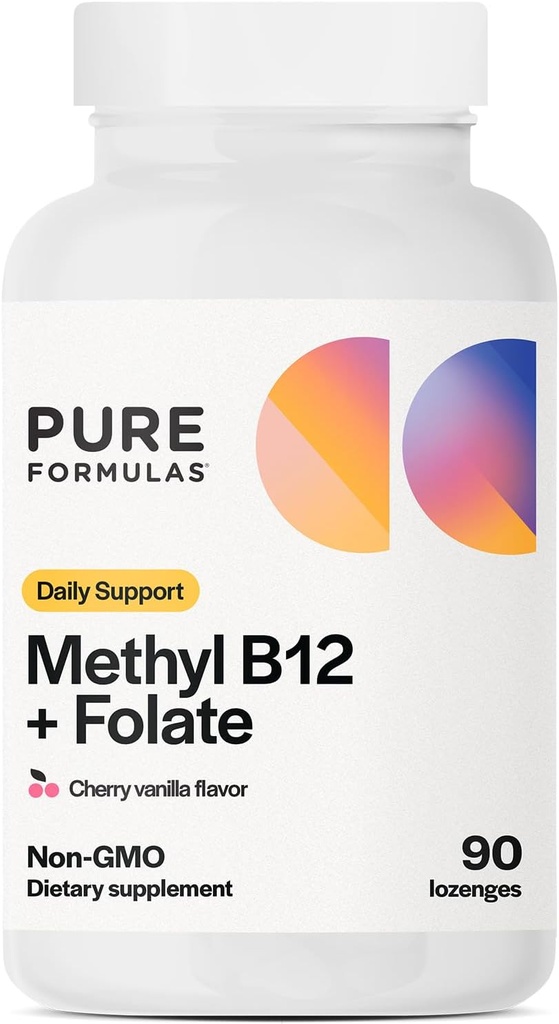 PureFormulas Methyl B12 + Folaatti- täydennysosa, 1000 mikrog Methylated B12 Supplement, 665 mikrog Folate, kirsikka Vanilla Flavor, Methylated B 12 - non- GMO, 90 lozenges