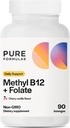 PureFormulas Methyl B12 + folattillskott, 1000 mcg Methylated B12 Supplement, 665 mcg Folate, Cherry Vanilla Flavor, Methylated Vitamin B 12 - Non-GMO, 90 Lozenges