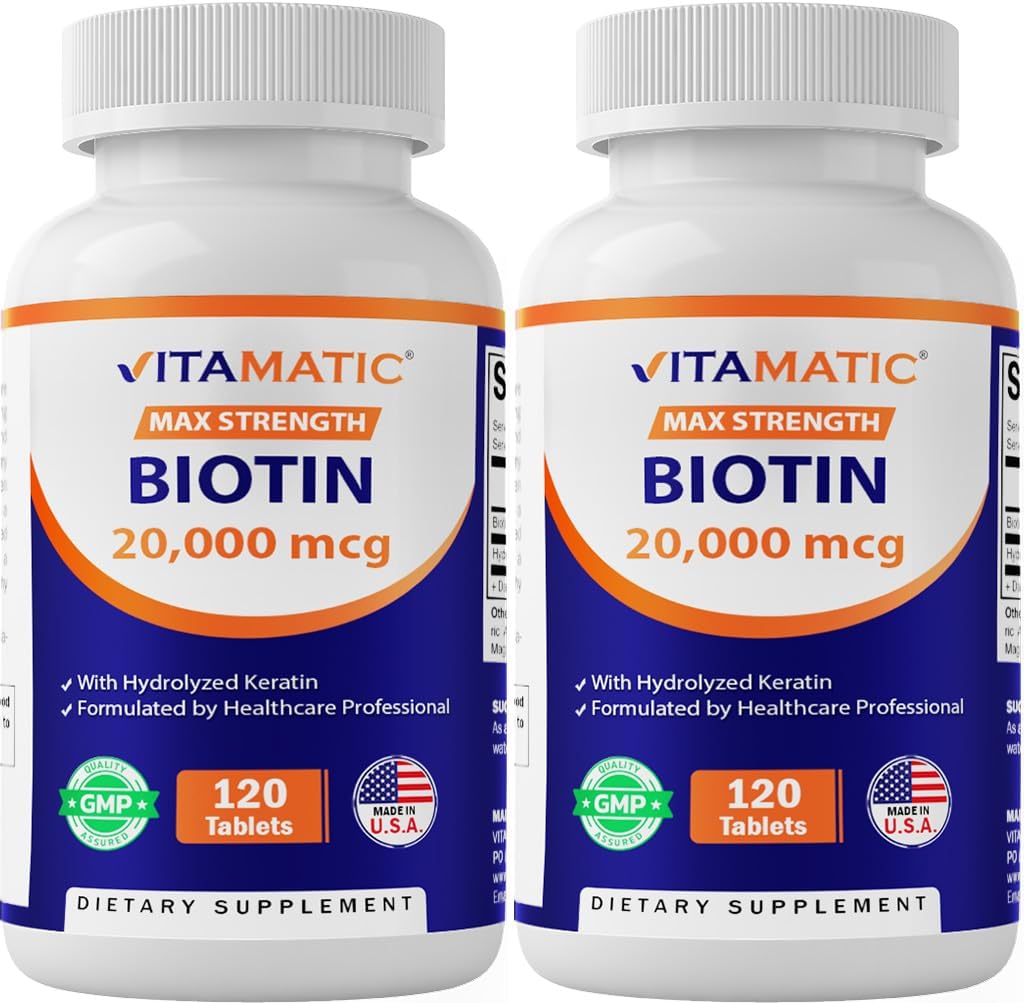 Vitamatic High Potency Biotin 20000 mcg (20mg) med Keratin 100mg - 120 Vegetariska tabletter - Biotin Supplements for Healthy Hair Skin & Nails for Adults (120 Count (Pack of 2))