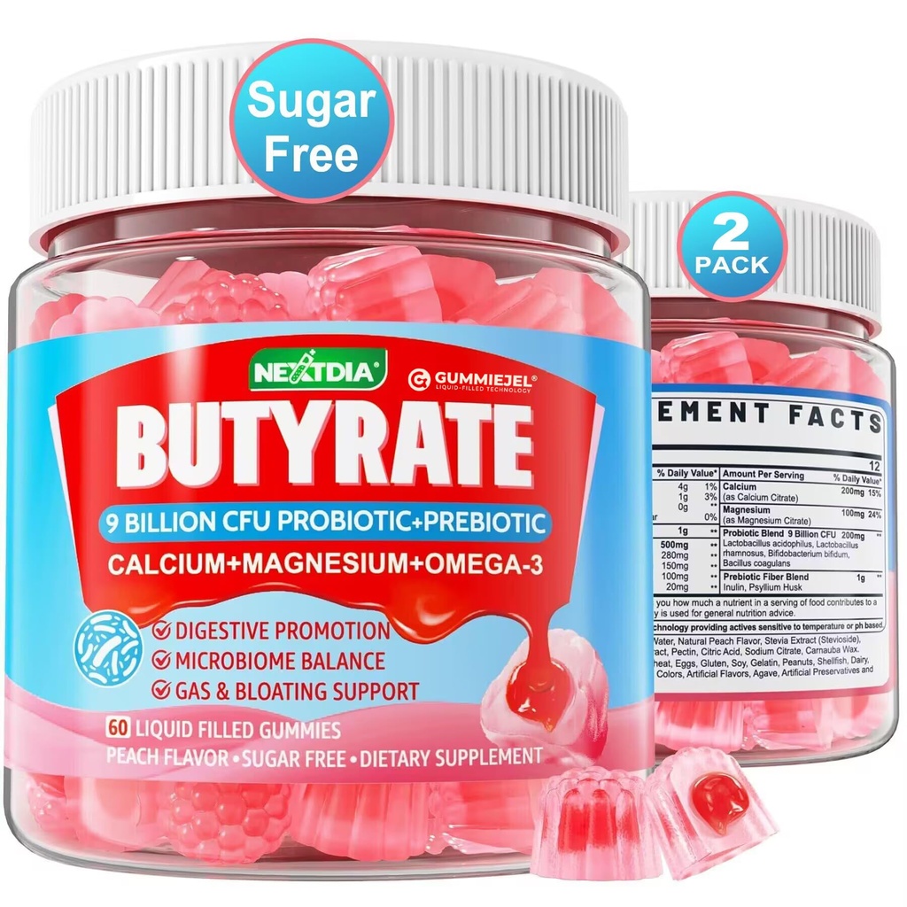 Butyrate Gummies med Probiotic + Prebiotic + Postbiotic, Omega-3 500mg,9 miljarder CFU Probiotika med Fiber, Calcium & Magnesium, Inulin, Psyllium Husk för Digestive Health, Bloating Support, Sockerfri