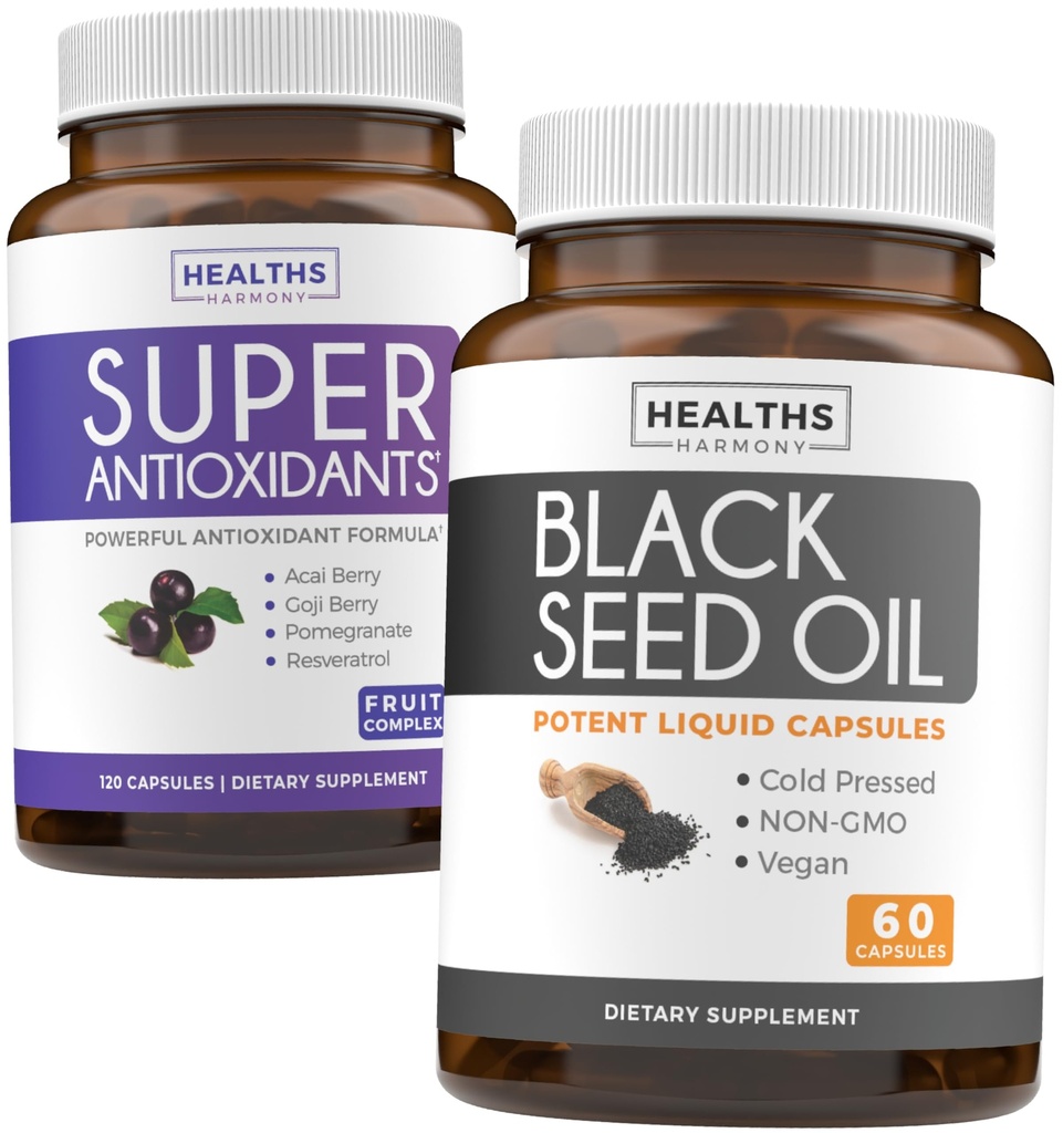 Antioxidanter & Black Seed Oil (1-månaders leverans) Super Antioxidant Supplement med Acai Berry, Goji Berry, Pomegranate & Trans Resveratrol (120 kapslar) & Black Seed Oil (Non-GMO & Vegan) 60 kapslar