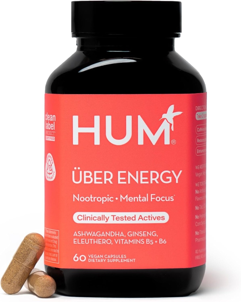 HUM Uber energia lisäravintolisä energia täydentää Ashwagandha juuri, ginseng, B-vitamiinit, B6-vitamiini, B5 ja Adaptogens, lisäravinteet lisämunuaisen väsymys tukea, 60 vegan kapselit