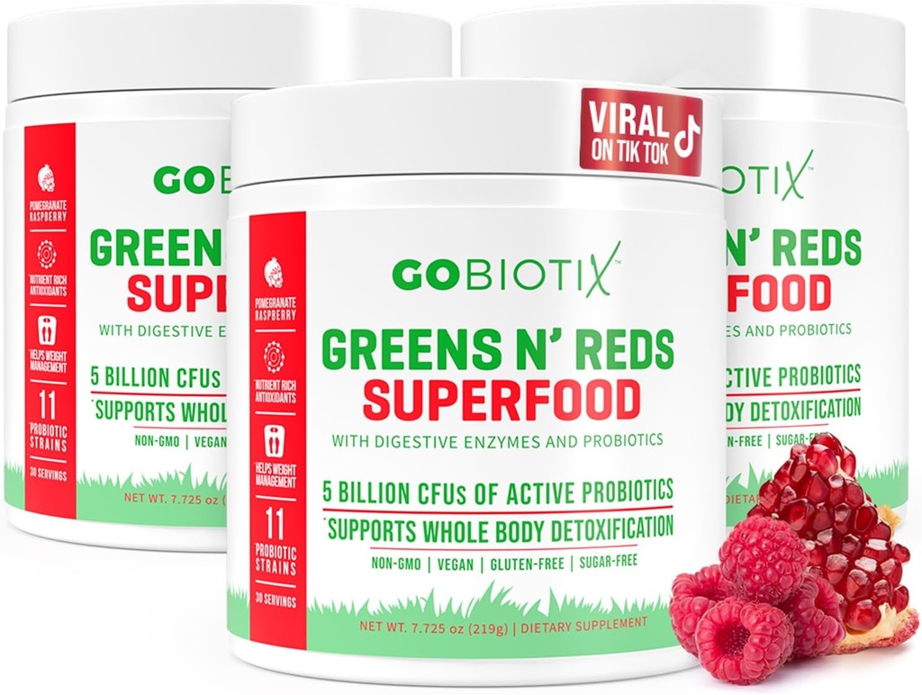 GOBIOTIX Super Greens and Reds Powder - Red and Green Superfood - Probiotisk tillskott - Digestive Enzymes och Beet Root Powder - Organic Whole Foods Dietary Supplement (Pom Raspberry, 3 Pack)