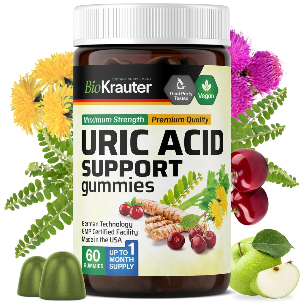 BIO KRAUTER Uric Acid Support Gummies - 60 Vegan Chews - Uric Acid Support w/Tart Cherry & Chanca Piedra 4:1 Extrakt - Naturnjurtillskott w/Milk Thistle och Turmeric