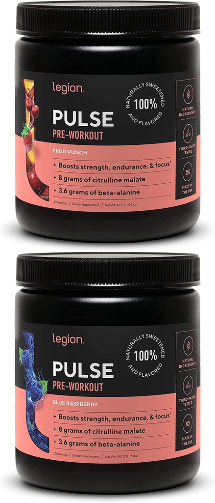 LEGION Pulse Pre Workout Supplement - All Natural Nitric Oxide Preworkout Drink för att öka energi, kreatinfri, naturligt sötad, Beta Alanine, Citrulline, Alpha GPC (Fruit Punch & Blue Raspberry)