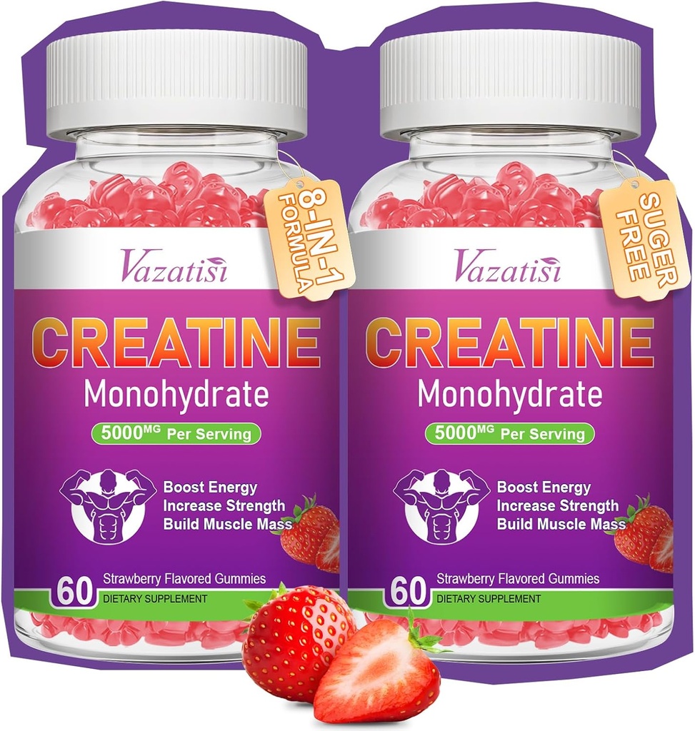 2 pakkaus Creatiini Monohydraatti Gummies naisille ja miehille, sokeriton vegaaninen Creatiini täydentää rakentaa lihaksia, lisätä energiaa ja voimaa, luonnollinen mansikka maku 120