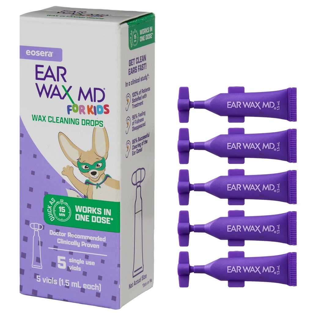 eosera® Ear Wax MD® för barn - Ear Wax Cleaning Drops, 5pk Vials | Fast-Acting | Breaks Down & löser öronvax i så lite som 1 behandling | Kliniskt bevisad | Gentle & Safe I för barnålder 2 +