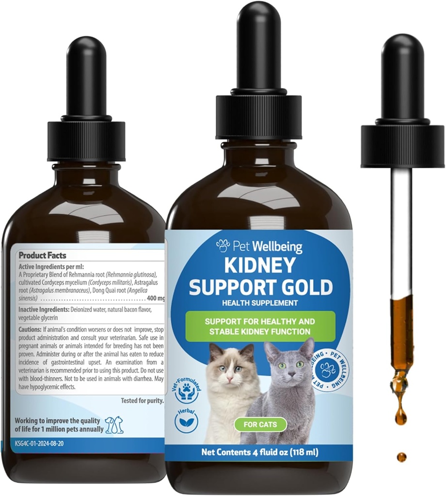 Pet Wellbeing Kidney Support Gold för katter - Stöder hälsosam njurfunktion, flytande balans, energinivåer, Rehmannia, Dong Quai - Veterinär-Formulerad Herbal Supplement 4 uns (118 ml)