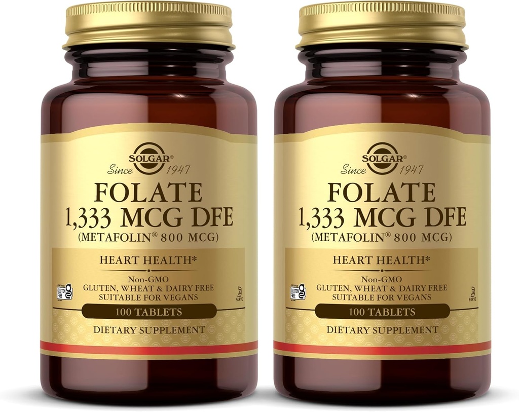 Solgar Folate 1,333 mcg DFE (Metafolin 800 mcg) - 100 tabletter, paket med 2 - Prenatal Vitamin - Non-GMO, Gluten Free, Dairy Free, Kosher - 200 Totalt portioner