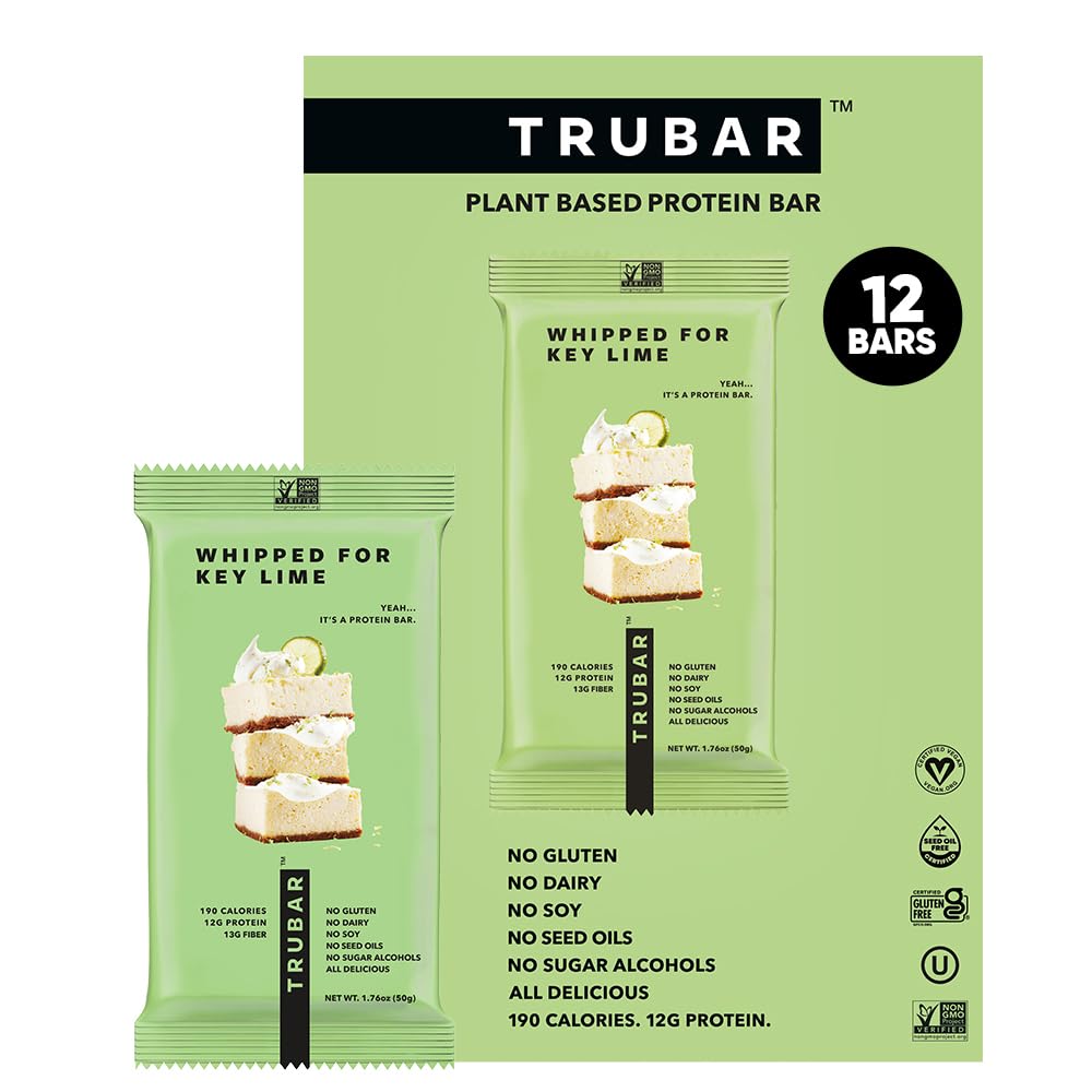 TRUBAR Vegan Protein Bar, Whippattu Key Lime, Gluteeniton, Kasvi Perustuu, Korkeakuituinen, Dairy Free, Vähärasvainen, Ei GMO, Ei sokeria alkoholit, 12G Lean Protein, 13G kuitu, Terveellinen Välipala Bars, 12 CT