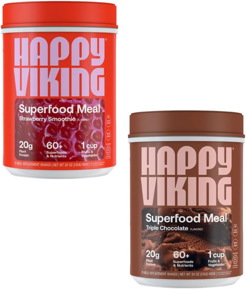 Happy Viking Chocolate and Strawberry Powder, by Venus Williams, 20G Protein, Low Carb, Keto, Vegan, Gluteeniton, Superfoods, Complete Meal Replacement, 2 Canisters (24 oz. Kukin)