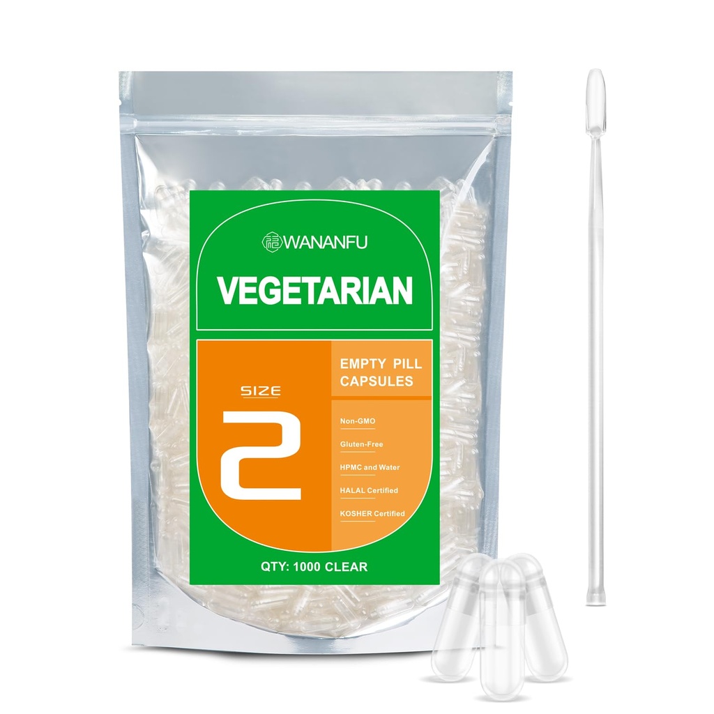 wananfu Size 2 Empty Capsules Vegetarian (500 Count) Bundle med 2 Micro Lab Spoons, Clear Fillable Veggie Pill Capsules Storlek 2 för att göra dina egna tillägg