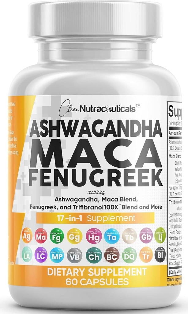 Clean Nutraceuticals Ashwagandha Maca Root Sarviapilan lisäravinteet Tongkat Ali Ginseng - Assistes with Stress, Mood & Khyroid - Ashwagandha kapselit Sarviapilarit - 1 Pack