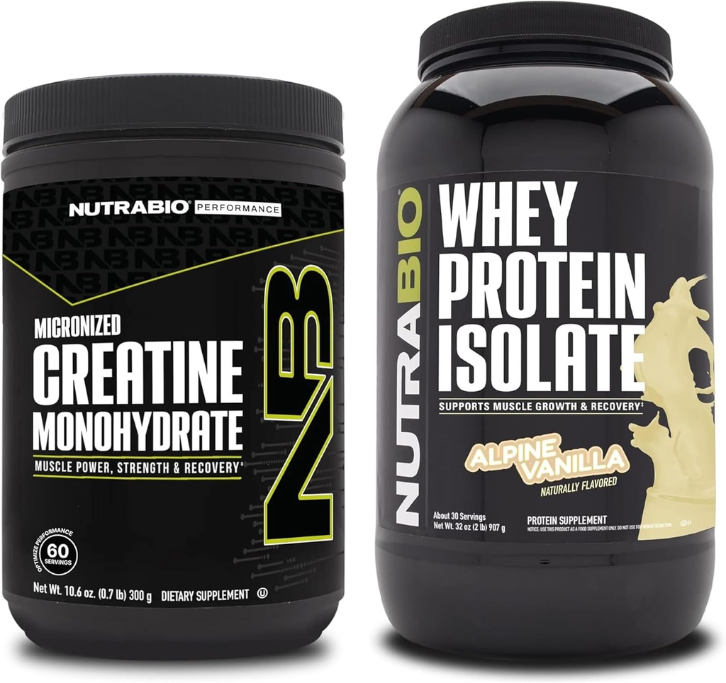 NutraBio Creatiini Monohydraatti, Mautonta, 300g ja Whey Protein Isolate, Alpine Vanilla, täydennysosa Bundle - Lihasenergia, Lean lihasten kasvu, elpyminen, ja vahvuus