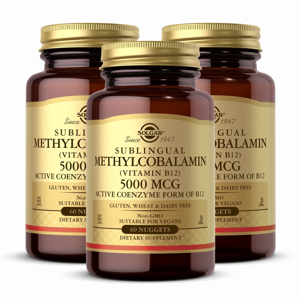 Solgar Methylcobalamin (Vitamin B12) 5000 mcg, 60 Nuggets (Pack of 3) - Cherry Flavor - Stöder Energi Metabolism - Body-Ready, Active Form - Non-GMO, Vegan, Gluten Free - 180 Total Servings