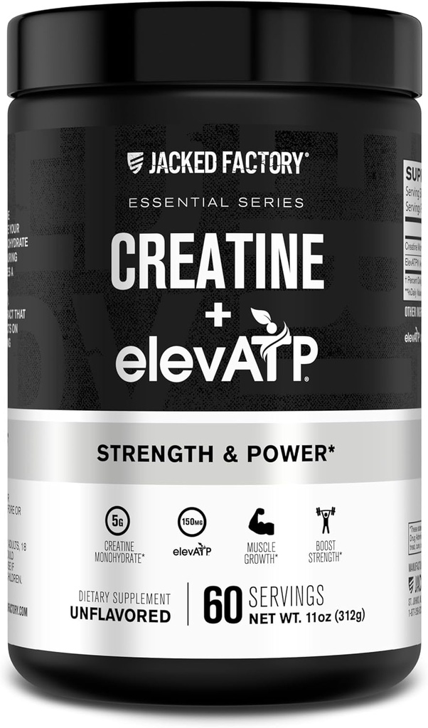 Jacked Factory Creatine + ElevATP - Creatiini Monohydraatti Powder for Muscle Growth, Lisääntynyt vahvuus, Tehostettu energian tuotanto, ElevATP kestävä energia & Endurance - 60 tarjoiluja, makuamaton