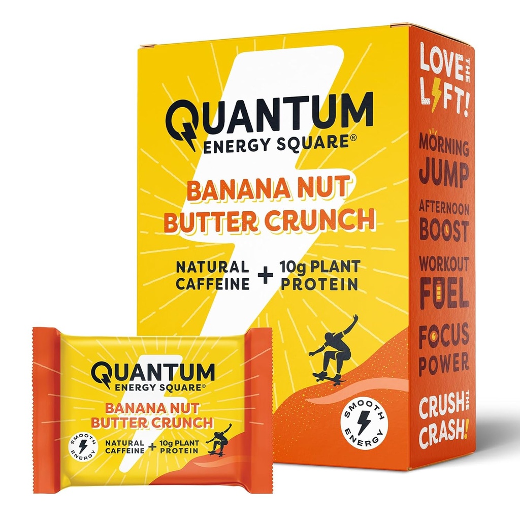 Quantum Energy Square: Energy Bar med koffein och 10g protein. Delicious Healthy Snack On The Go (Vegan, Gluten-fri, Soy-fri, Dairy-fri) - Banana Nut Butter Crunch 8Pk