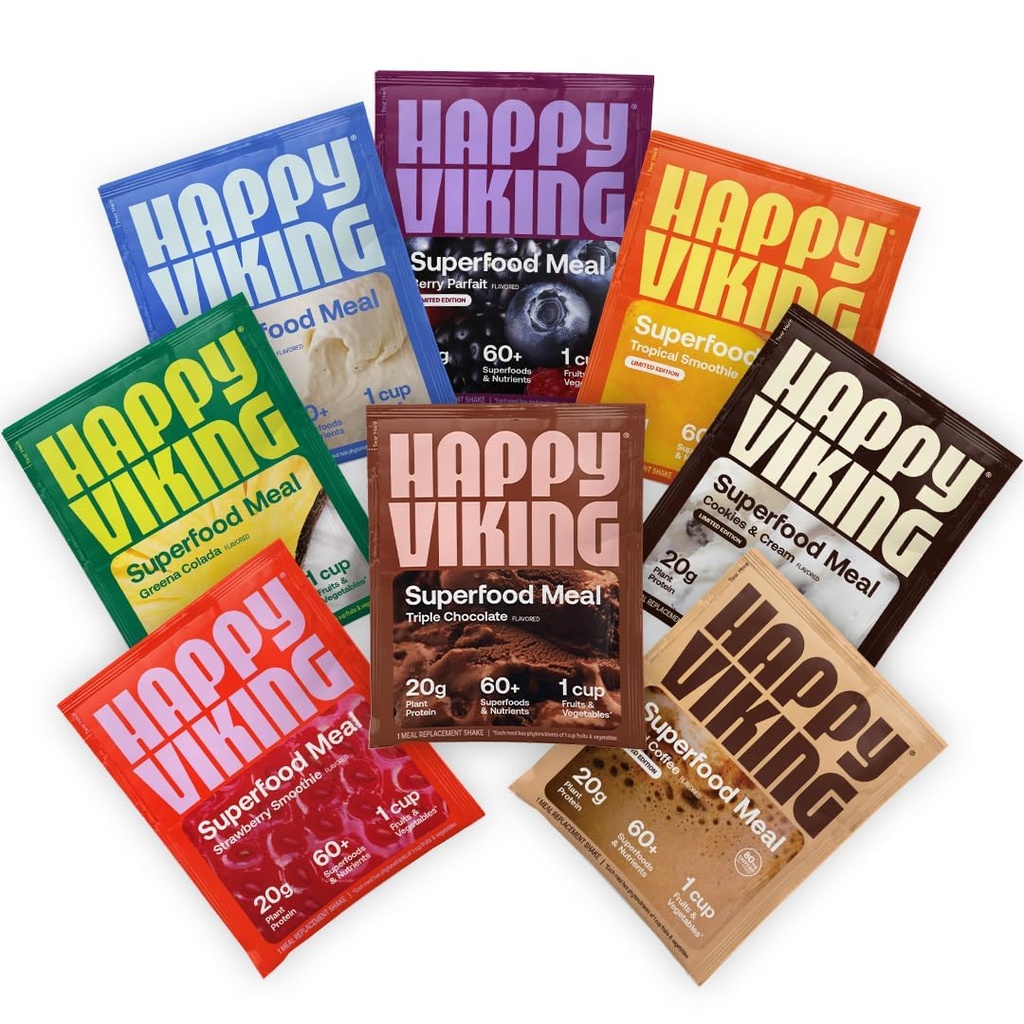 Happy Viking Variety Pack Protein Powder, Created by Venus Williams, 20G Protein, Low Carb, Keto, Vegan, Gluteeniton, Ei-GMO, Superfoods, Täydellinen ateriankorvike, 8 Single Serve Packs
