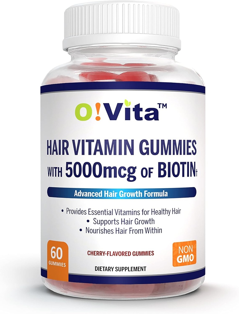 Hår Vitamin Gummies med 5000mcg Biotin, stark och hälsosammare hårtillskott, främjar snabbare hårväxt för kvinnor och män (60 icke-GMO Gummies)
