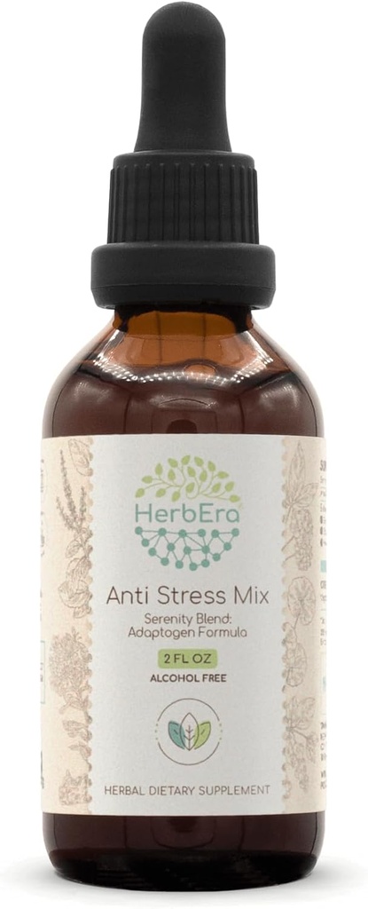 Anti Stressi Mix B60 Alkoholiton uute Tincture, Eleuthero Root, Rhodiola Root, Schisandra Berry, Gotu Kola Herb, Holy Basil Herb. Serenity Blend: Adaptogen Formula 2 Fl Oz