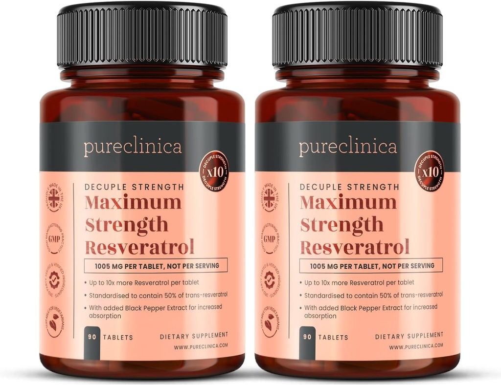 pureclinica 1000mg Resveratrol x 180 tabletter (2 flaskor med 90 tabletter varje - 6 månaders leverans). 10 x Styrka och med Black Pepper Extract för snabbare Absorption
