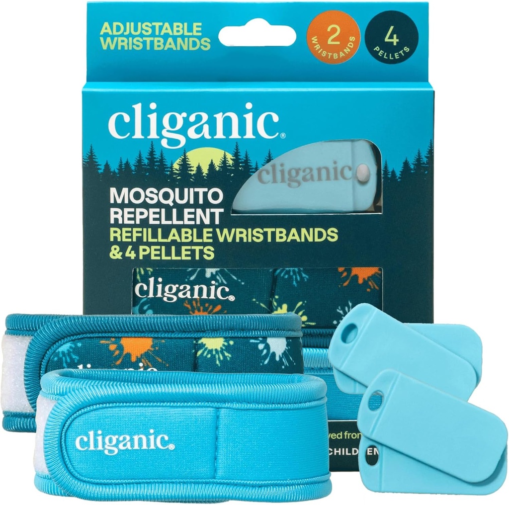Cliganic Mosquito Repellent Pack (2 ranneketta + 4 Täyte pellettejä) - säädettävä, luonnollinen DEET-vapaa, Essential Oil Infusion