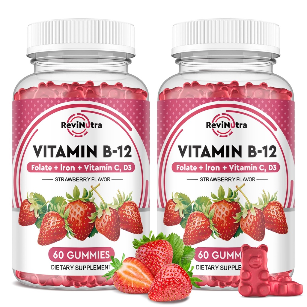 B12-vitamiini Complex Gummies - 5000 mikrog metyylikobalamiinia rauta, C-vitamiini, D3 & Folaatti, energiatuki & aineenvaihdunta, immuuni, B-12 purutabletti miehille ja naisille, mansikan maku, 2 pakkaus