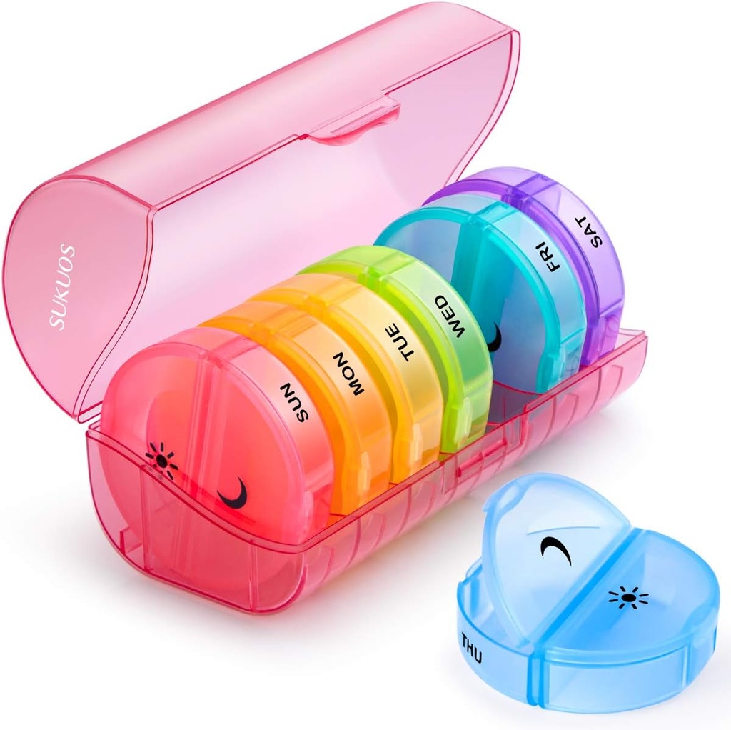 Sukuos Large Weekly Pill Organizer 2 Kertaa päivässä, Päivittäinen pillerilaatikko 7 Day Helppo avata kaksinkertaisella suojauksella, AM PM Pill Case for Medicine/Vitamin/Fish Oil/Supplements (punainen)