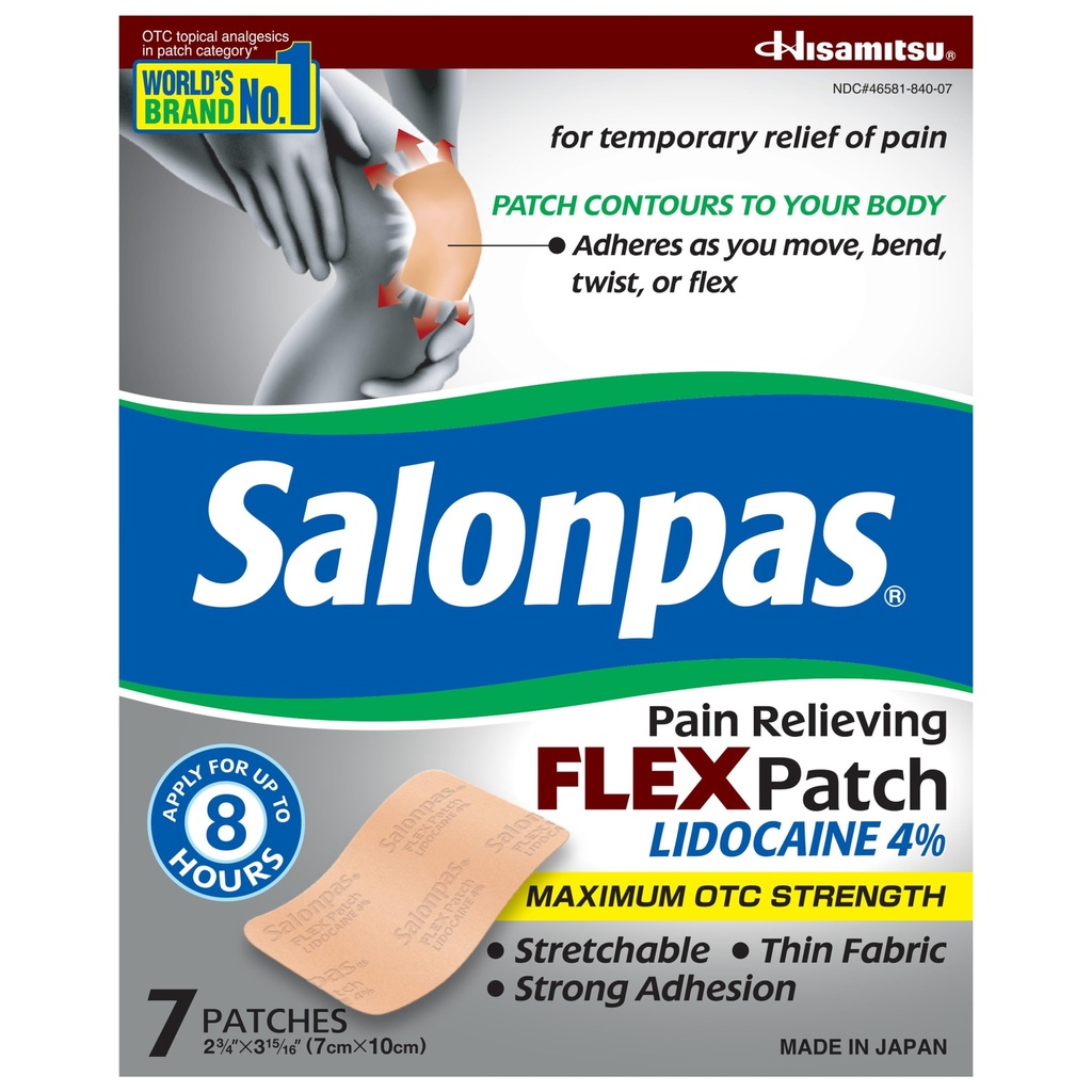Salonpas Maksimi OTC-vahvuus Lidokaiini 4% Pain Relieving FLEX Patch, Hae jopa 8 tuntia, Tuoksumaton, ohut, joustava, Kevyt, Patch Pysy paikalla, 7 paikkaa