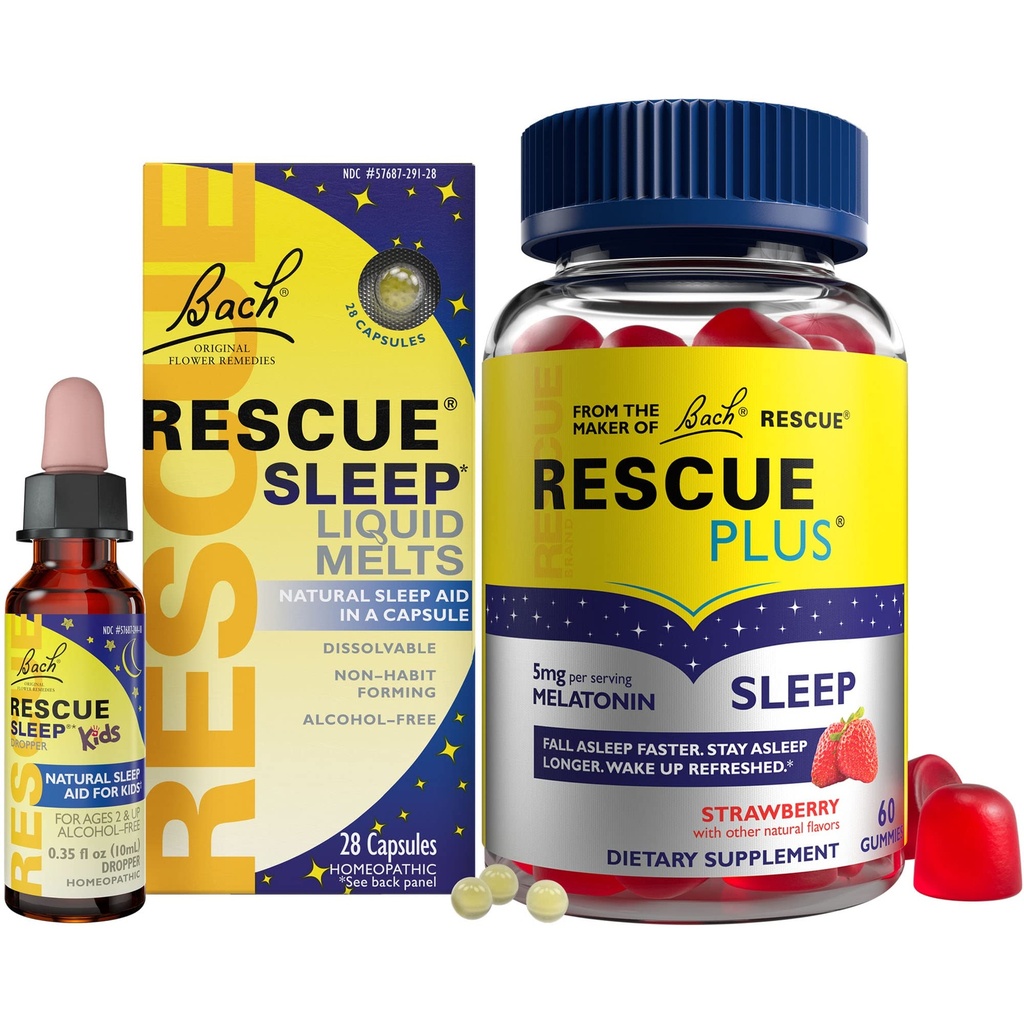 RESCUE Yöuniapuraha Bundle, 3Pk - Bach uni Lapset Dropper, 10ml unineste sulaa, 28Ct Plus uni Gummy 5 mg melatoniini / annos, 60Ct