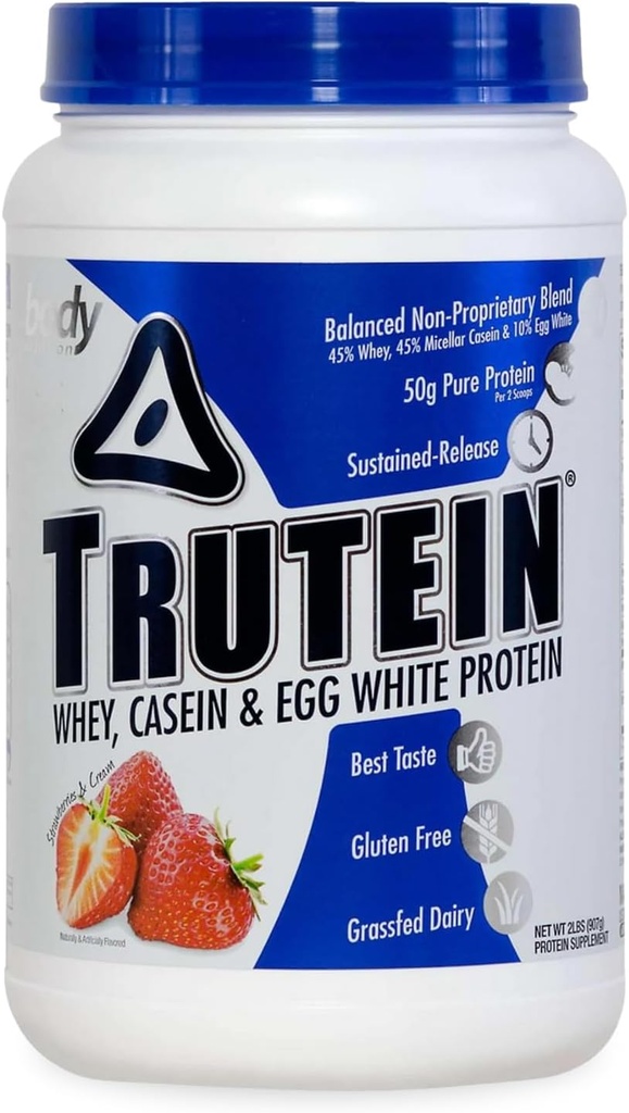 Body Nutrition Trutein High Protein Powder: 45% Whey, 45% Kaseiini, 10% Egg White, Gluteeniton, Alhainen natrium, Grass Fed Whey Protein Powder, Gym Supplement & Breakfast Shake, Mansikka & Cream, 2lb