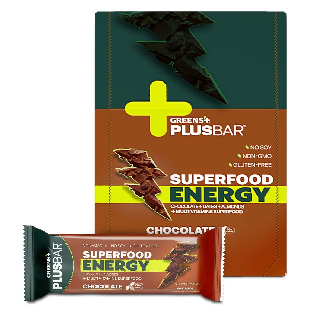 Greens + Plusbar Energy Chocolate | Gluten Free Energy Bar | Organic Greens | Organic Dark Chocolate | Non GMO | 12 Bars