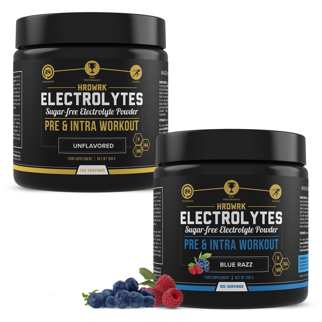 MMA Nutrition HRDWRK 100 Tarjoilut Keto Elektrolyytit Powder Hydration Sugar Free - Elektrolyyttijauhe parantaa kestävyyttä ja vähentää väsymystä Electrolyytit täydentää - makuamaton ja sininen vadelmasetti