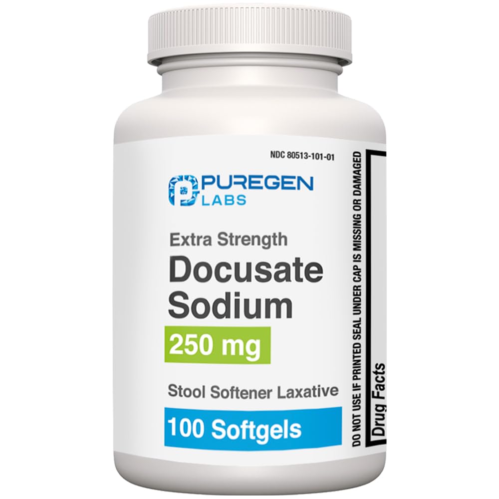 Puregen Labs Docusate Sodium 250 mg Softener Softener Laksatiivinen 100 softgels Helppo Ummetus Relief 