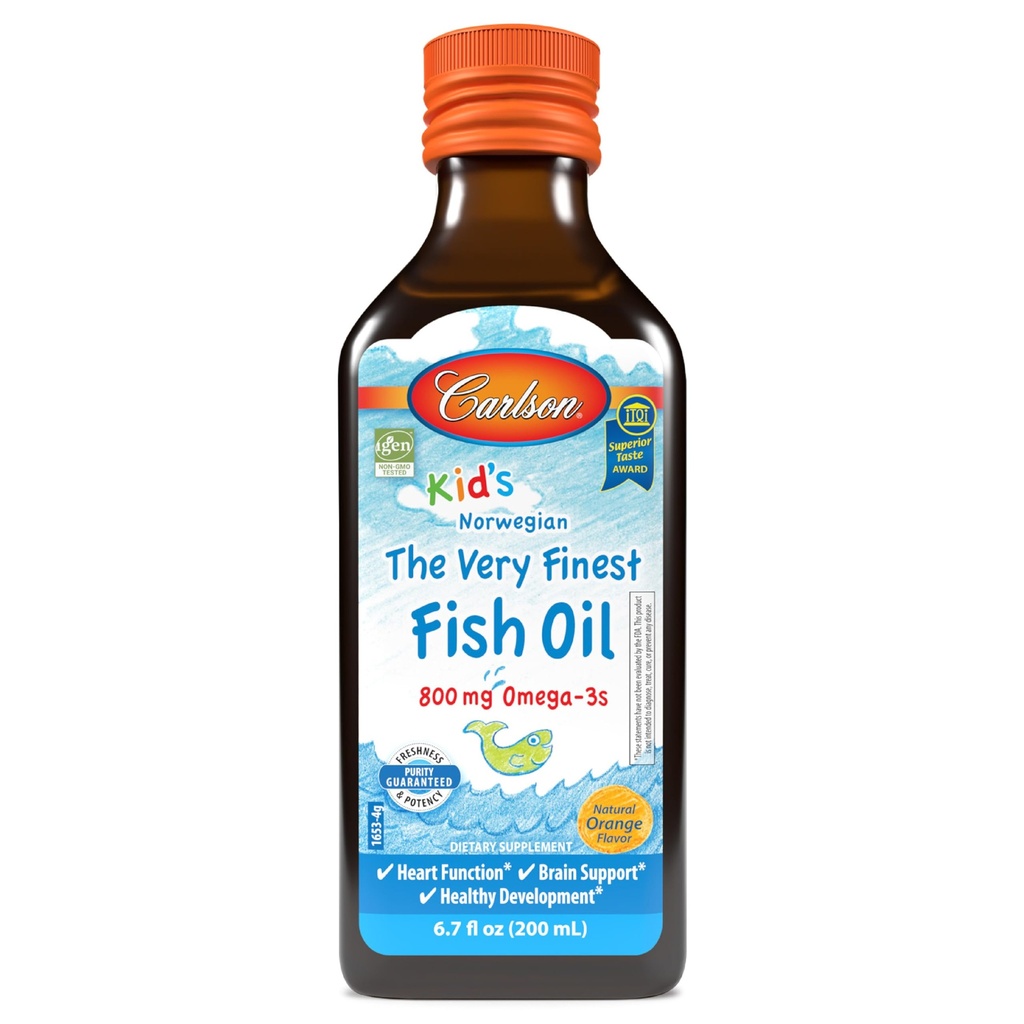 Carlson - Kid's The Very Finest Fish Oil, 800 mg Omega-3s, norska, hållbart källad, orange, 200 ml