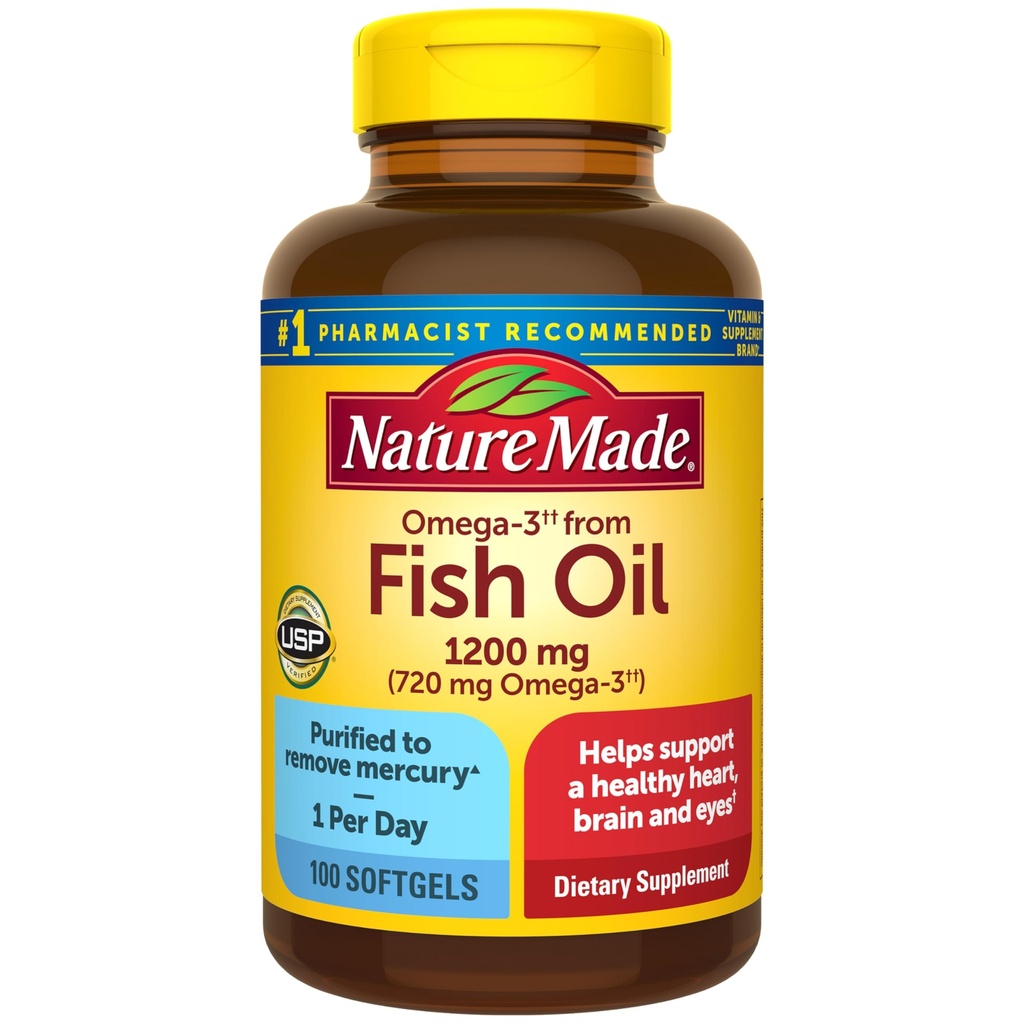Nature Made Fish Oil Omega 3 Supplements, Omega 3 Fish Oil som Ethyl Esters 1200 mg Softgels, EPA DHA Supplement för hälsosamt hjärta, hjärna, ögonstöd, en per dag, 100 Softgels