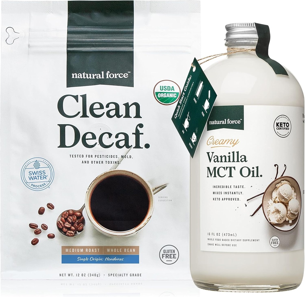 Luonnonvoima Organic Clean Kofeiiniton kahvi + kermainen vanilja MCT öljy Bundle ...