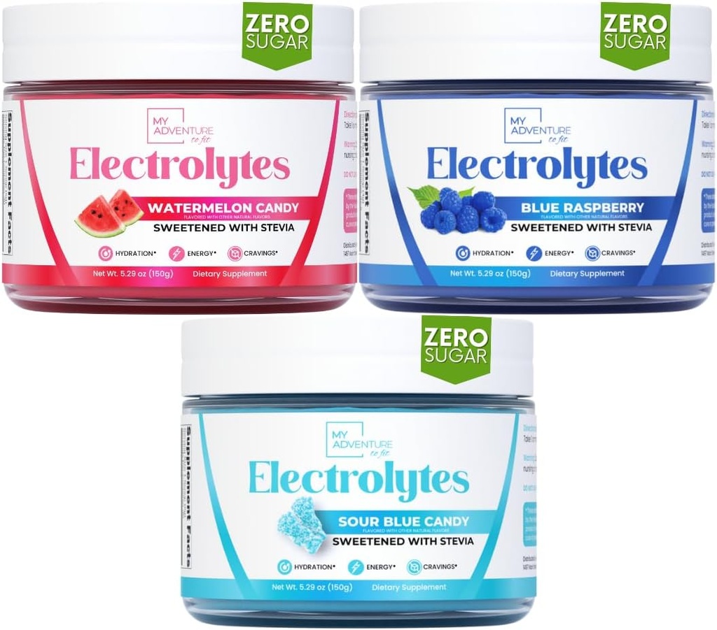 Seikkailuni kunnostaa Hydraation Elektrolyytit Powder nollasokeri, Bundle, vesimeloni Candy & Sour sininen ja sininen vadelma makuja