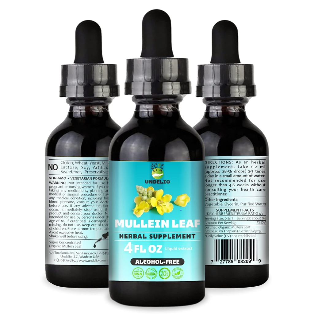 Undelios Herbal Mullein Leaf Extract - Organic & Alcohol-Free Tincture for Respiratory, Lung, Sleep & Digestive Support - Non-GMO, Vegan - 4 fl. Oz för Immune Health & Lung Detox