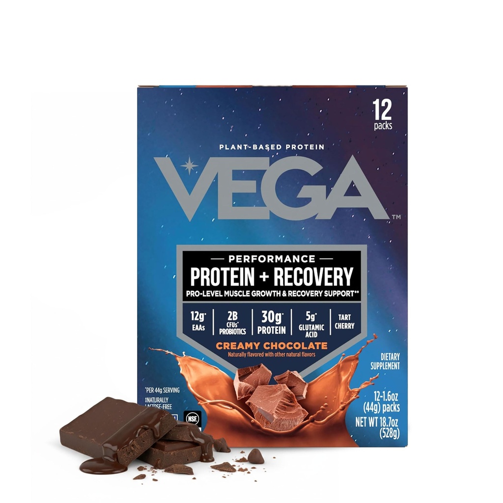 Vega Protein + Recovery - 30g Plant-Based Protein per Serving, Chocolate, 12 x 1,6oz Sachets, 5g BCAAs, Probiootit, NSF Certified, for Shakes & Smoothies, (Pakkaus May Vary)
