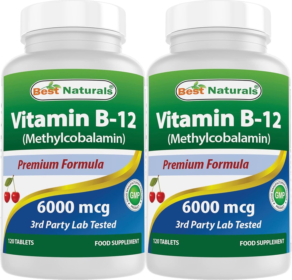 Best Naturals B-12-vitamiini metyylikobalamiinina (Metyyli B12), 6000 mikrog 120 alalingureettista tablettia (120 pussia 2)