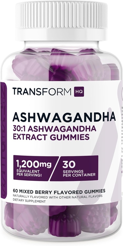 TransformHQ Ashwagandha Gummies 1,200mg, 60 Gummies (Mixed Berry Flavor) - Ashwagandha Herbal Extract Supplement - 30 portioner, Gluten Free, Non-GMO