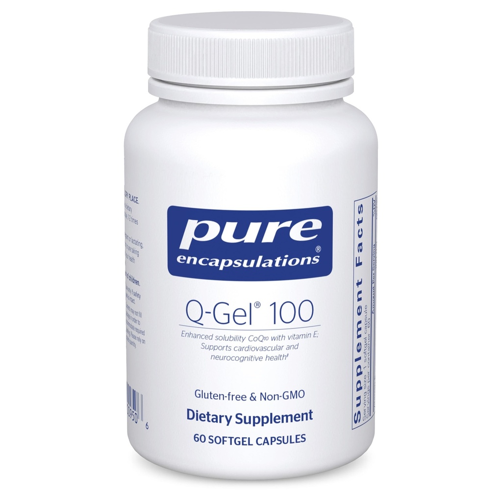 Puhtaat kapselit Q-Gel 100 (Hydroliukoinen CoQ10) CoQ10 E-vitamiinilla, joka lisää liukoisuutta 60 Softgel-kapselia