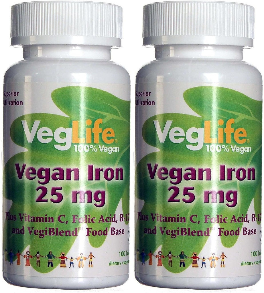 VegLife Vegan Iron 25 mg | Plus Vitamin C, Folic Acid, B-12 och VegiBlend Food Base | Plant Based Iron Supplement för kvinnor och män | 100 tabletter | Pack med 2