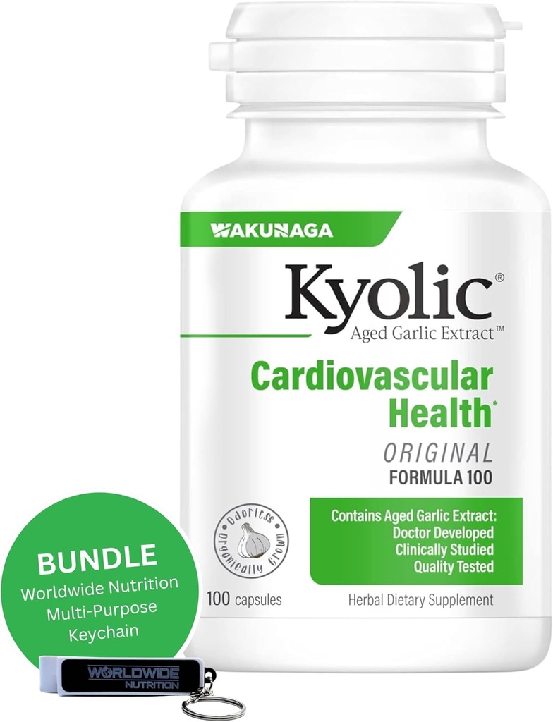 Maailmanlaajuinen ravitsemus Bundle: Kyolic Aged valkosipuliuute Formula 100, alkuperäinen kardiovaskulaari, 100 kapselia ja Multi-Purpose Key Chain (Packaging May Vary)