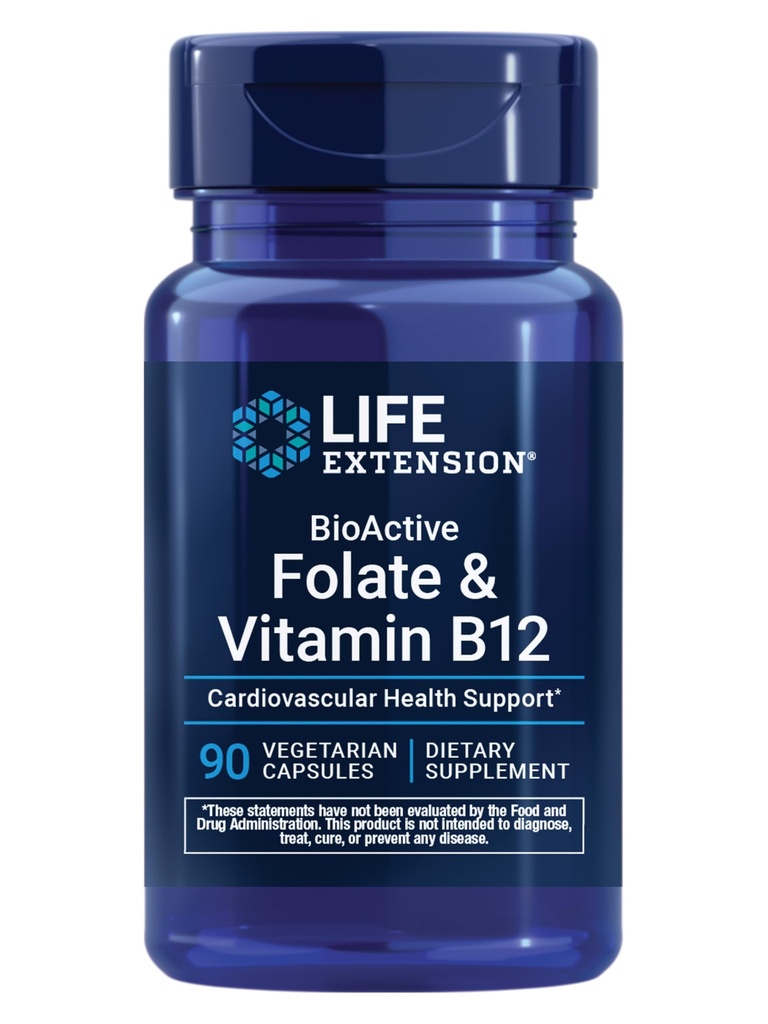 Life Extension BioActive Folate & Vitamiini B12, edistää sydäntä, aivoja ja ruoansulatuskanavaa Tract Health, ei-GMO, Gluteeniton, kasvissyöjä, 90 kapselia