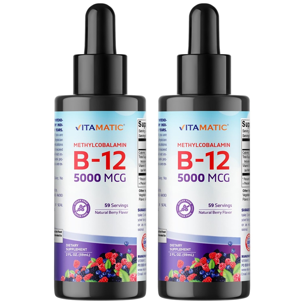 Vitamatic 2 Packs Nopeasti vaikuttava nestemäinen B12 5000 mikrog (Metyylicobalamiini) - Luonnollinen marjamaku - Sublingual Supplement - Nopeampi imeytyminen - 2 OZ